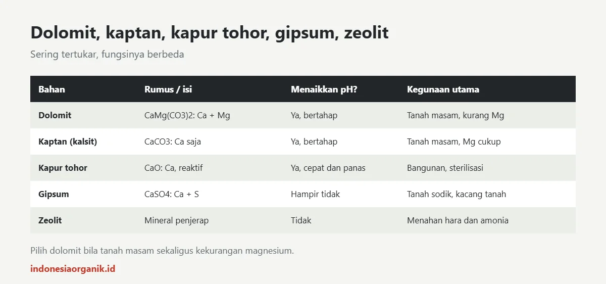 Perbedaan dolomit, kaptan, kapur tohor, gipsum dan zeolit