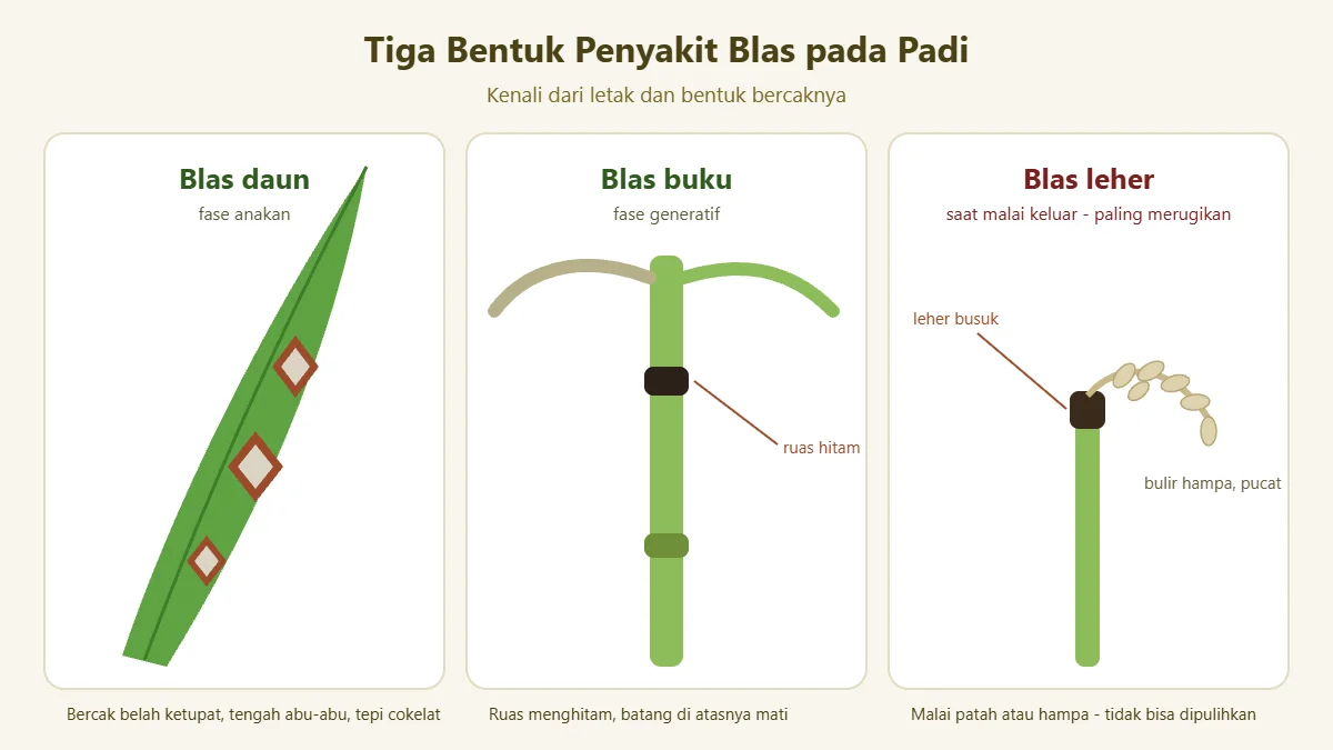 Ilustrasi tiga bentuk penyakit blas padi: blas daun, blas buku, dan blas leher