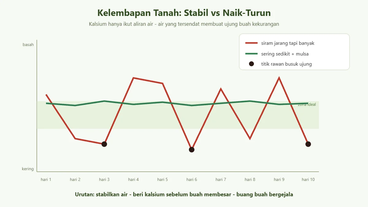 Grafik kelembapan tanah stabil dibanding naik-turun dan hubungannya dengan busuk ujung cabe