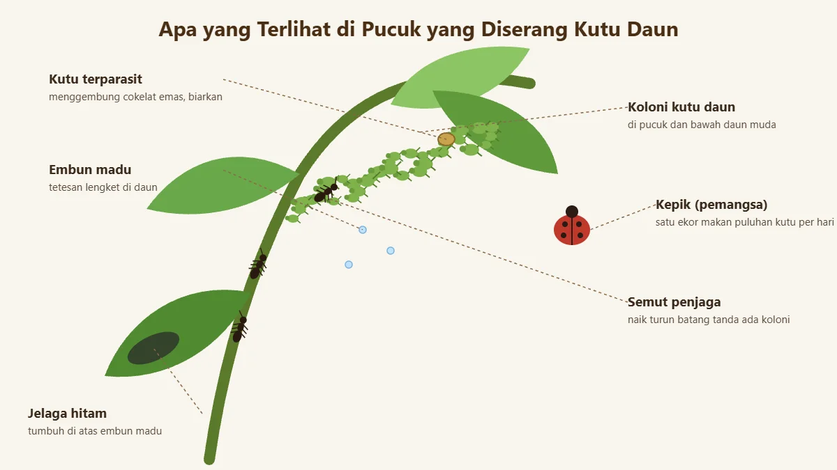 Ilustrasi pucuk tanaman yang diserang kutu daun dengan semut penjaga, kepik, kutu terparasit, embun madu, dan jelaga