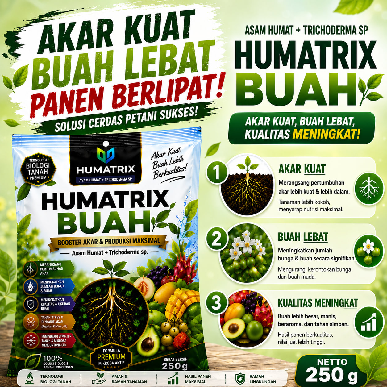 HUMATRIX buah serbuk organik PLUS ASAM HUMAT, Pupuk anti rontok bunga dan buah durian bebas penyakit tanaman