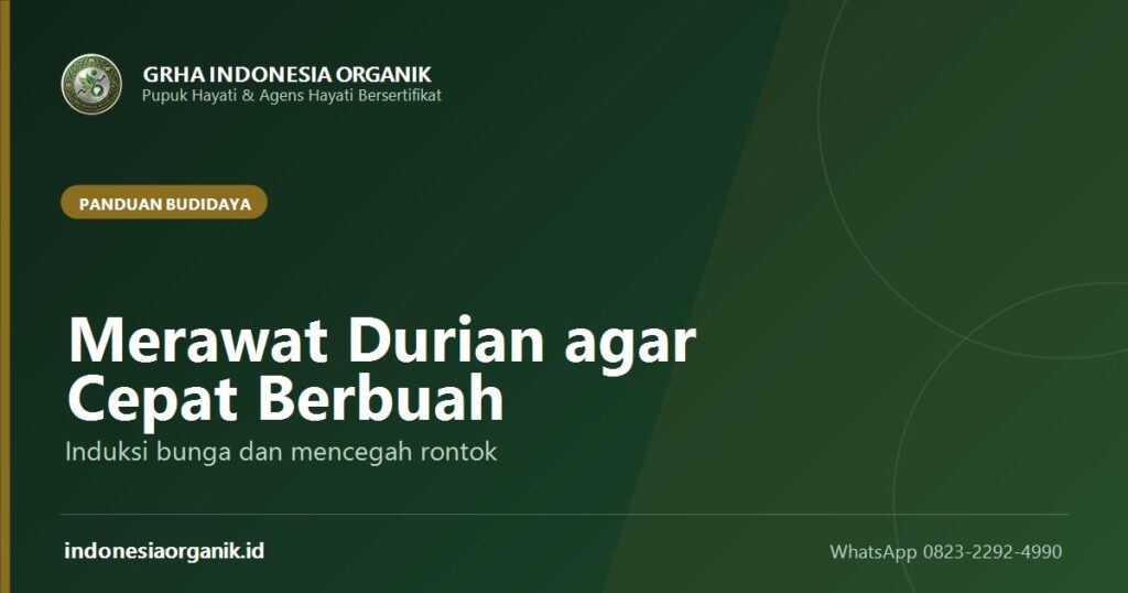Sampul panduan merawat durian agar cepat berbuah dan tidak rontok dari Grha Indonesia Organik