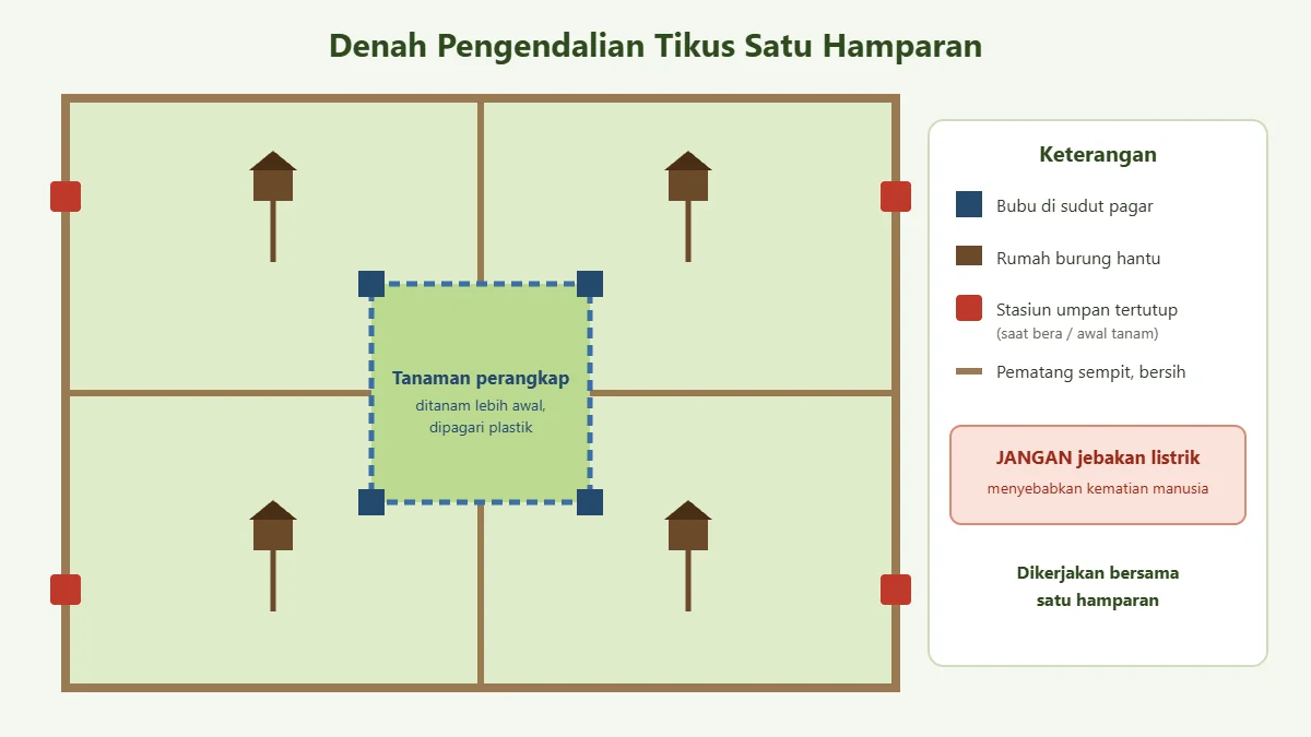 Denah pengendalian tikus satu hamparan dengan tanaman perangkap, bubu, rumah burung hantu, dan stasiun umpan
