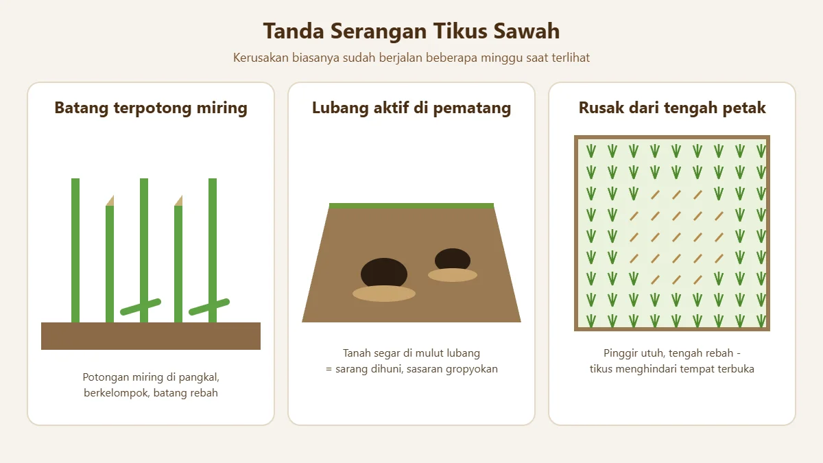 Ilustrasi tanda serangan tikus sawah: batang terpotong miring, lubang aktif di pematang, dan kerusakan dari tengah petak