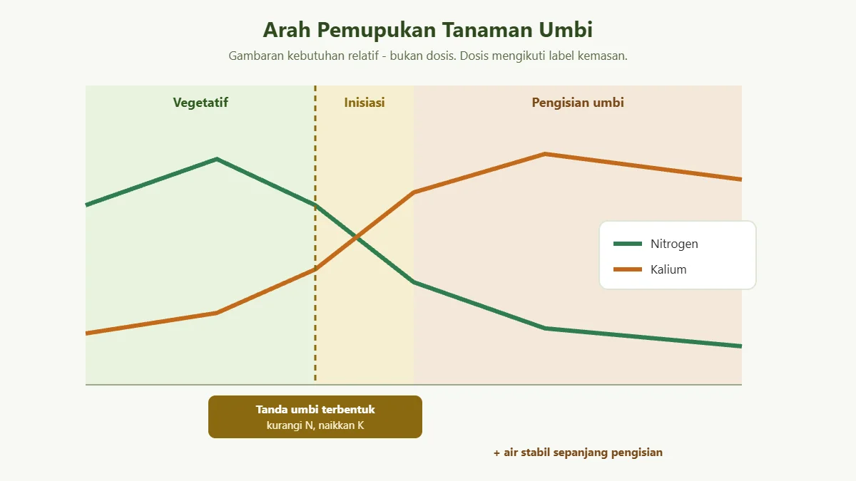 Grafik arah pemupukan tanaman umbi dari nitrogen ke kalium sesuai fase