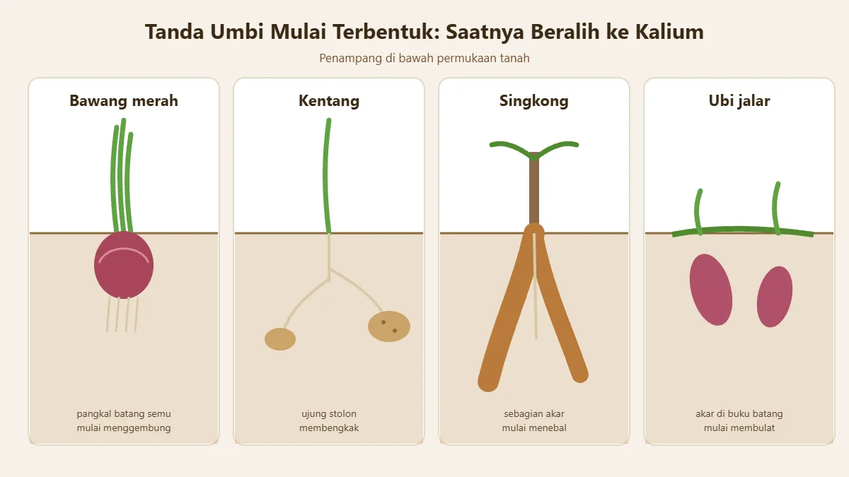 Penampang empat jenis tanaman umbi dan tanda mulai terbentuknya umbi: bawang merah, kentang, singkong, ubi jalar